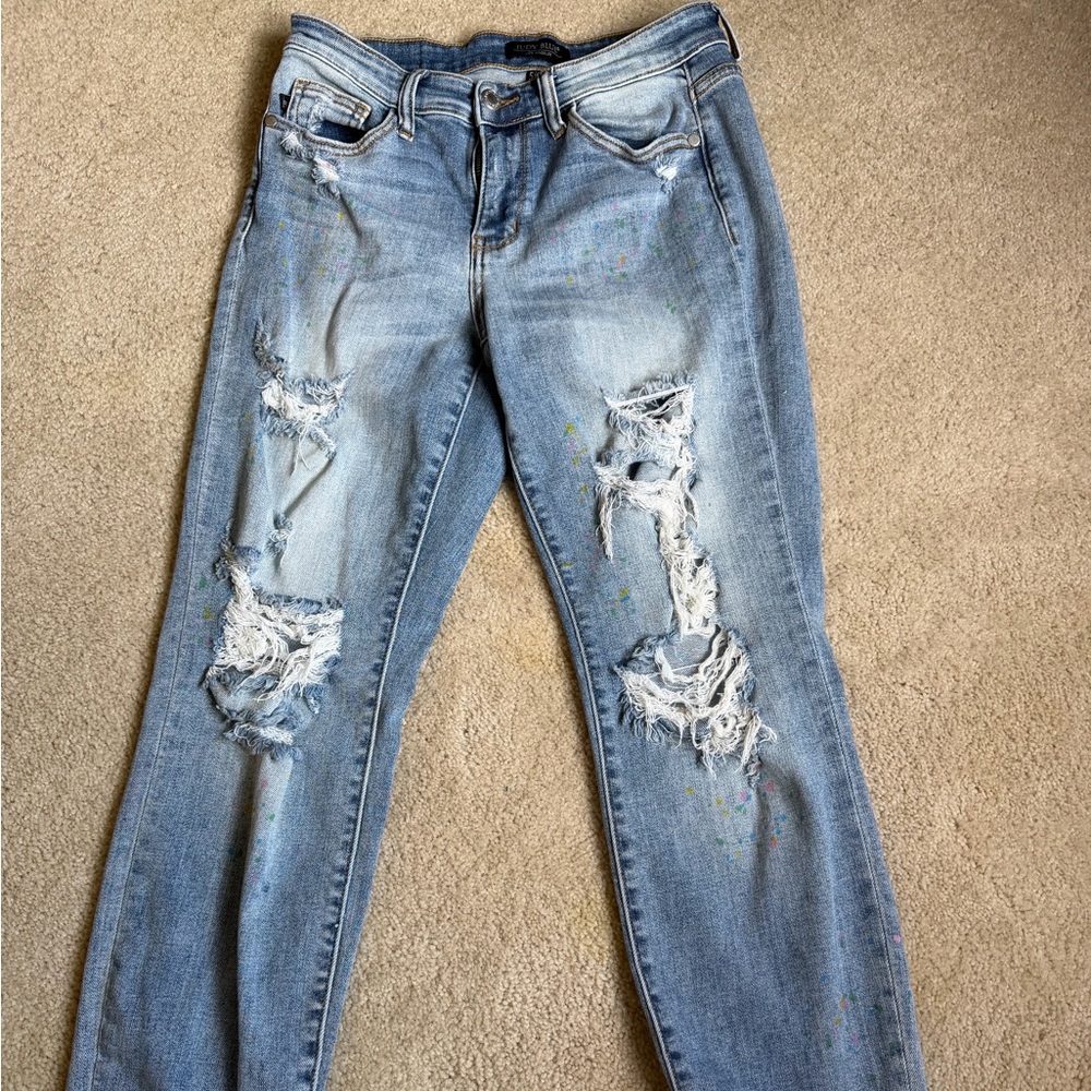 Judy Blue Light Blue Distressed paint splatter Boyfriend Jeans 5/27